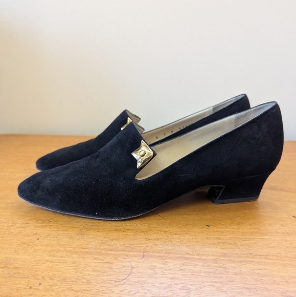 Vintage Black Suede Loafers‎ With Gold Corner Accents - Picture 3 of 14